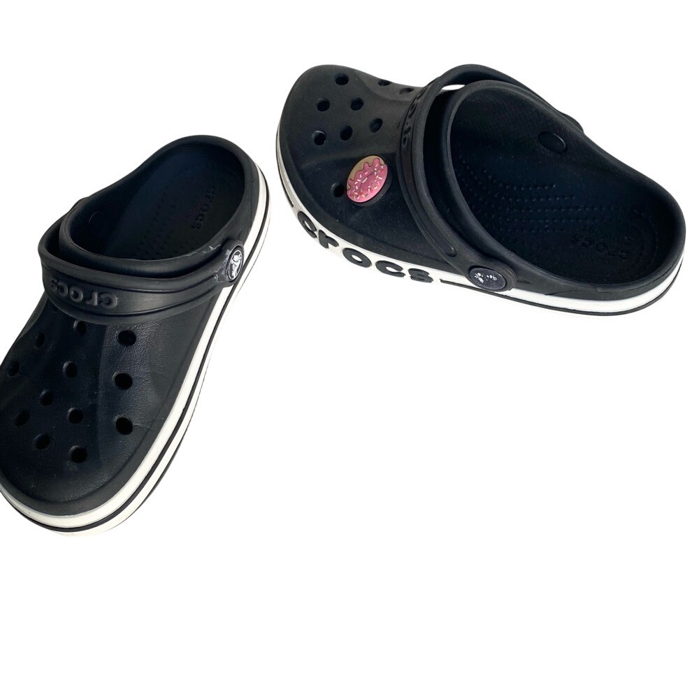 Crocs Kids Crocband Clog Black White Stripe‎ Size C12 Donut Jibbitz Charm
